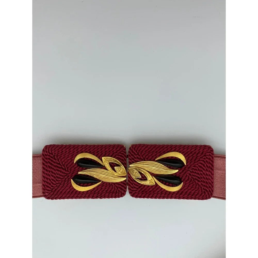 Vintage Mauve Elastic Cinch Belt Gold‎ Tone Black Enamel Filigree Buckle Retro